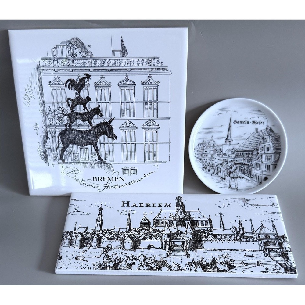 Bremen, Haarlem & Hameln Ceramic Tiles + Small Plate – Vintage Lot